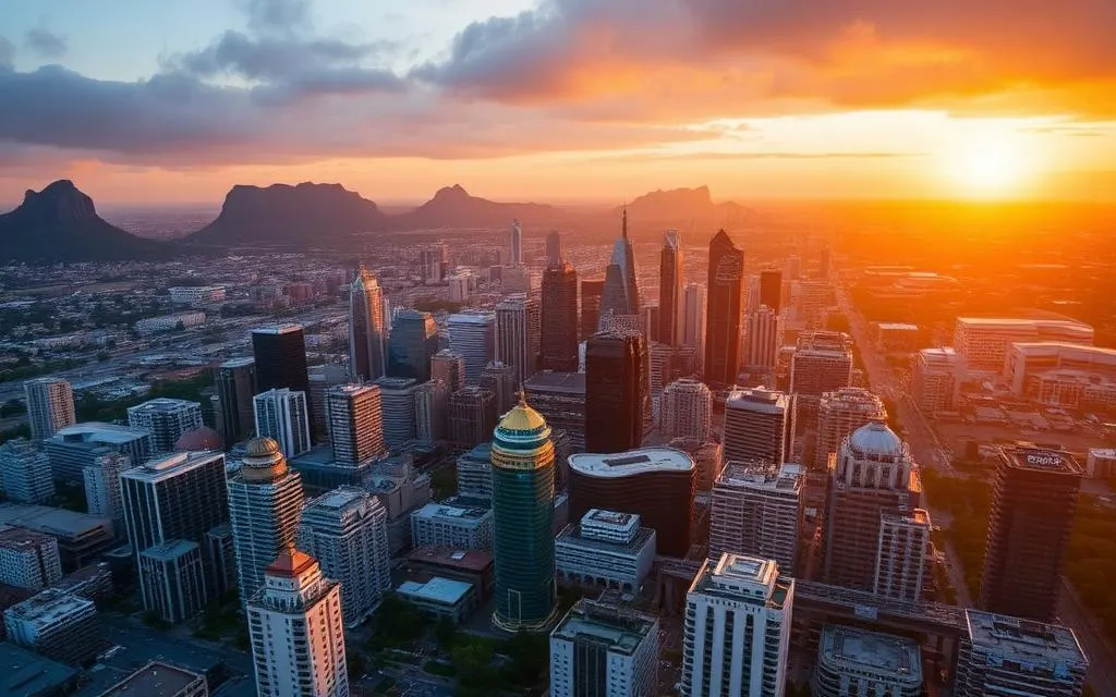 Aerial view of a South African city skyline at dusk